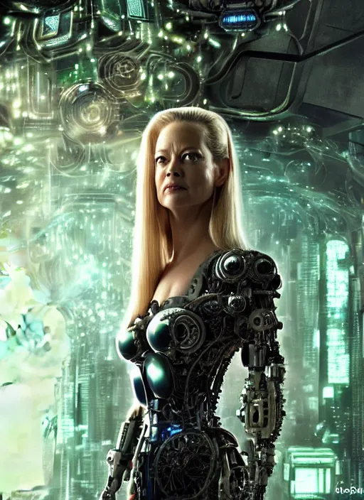 Image similar to 35mm portrait of an intricate and sophisticated borg with the face of Jeri Ryan , on the background of a weird magical mechanical forest. Round gears visible inside her hear. Very detailed 8k. Fantasy cyberpunk horror. Sharp. Cinematic post-processing