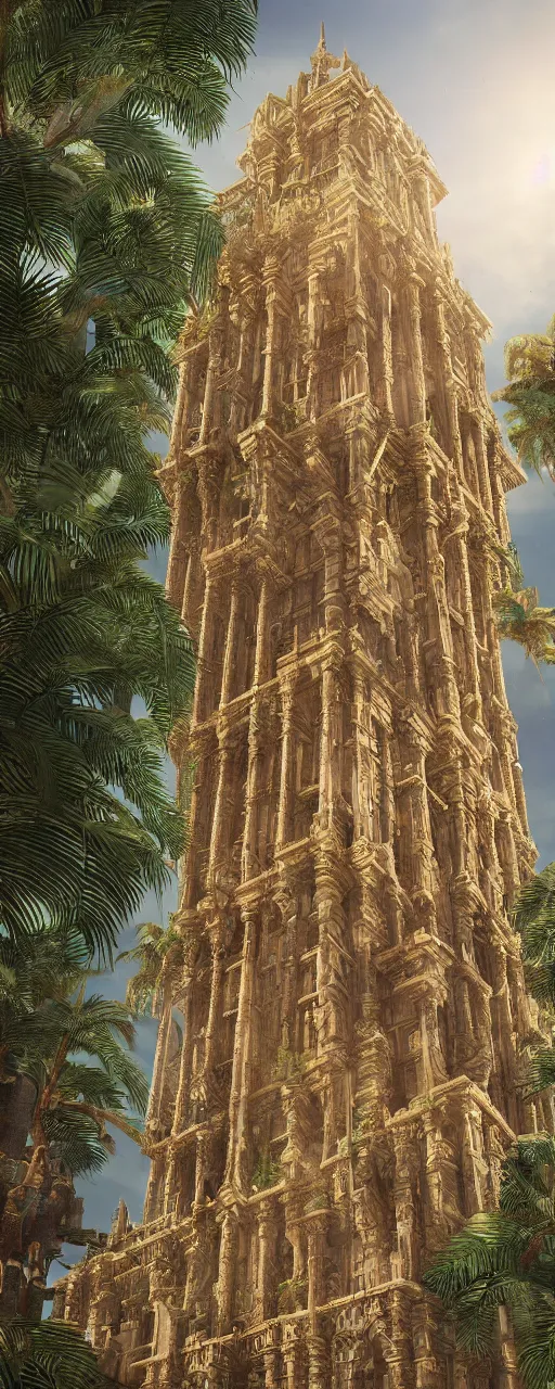 Image similar to photorealistic eye level babylon tower, golden intricate details, stone facade, sacred ancient architecture, hanging gardens, cascading highrise, arid mountains with lush palm forest, sunlight, post - production, octane, cgi, sfx