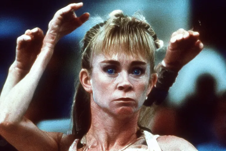 Image similar to Tonya Harding in Aliens (1986), highly detailed, high quality, HD, 4k, 8k, Canon 300mm, professional photographer, 40mp, lifelike, top-rated, award winning, realistic, sharp, no blur, edited, corrected, trending