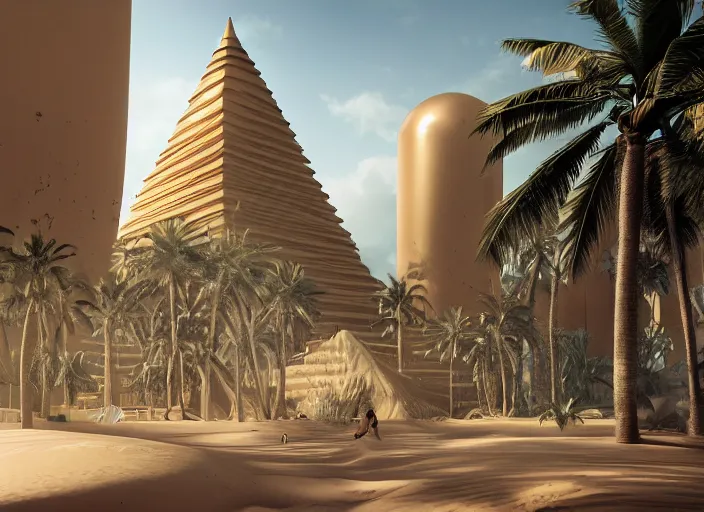 Image similar to cover concept art of the lost sand city, levitating sand, golden towers, golden pillars, palm trees, space and time, floating objects, post-processing, in the style of Hugh Ferriss, Behance, Artgerm. High detail, ultra realistic render, octane, 3D, photorealism, symmetric, cinematic from the umbrella academy