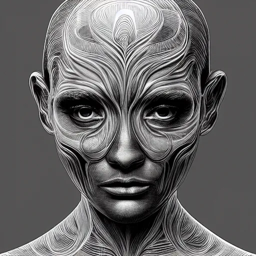 Prompt: holographic headset interface painted in alex grey and cameron gray style drawn by oku, inspired by ooioo, intricate 3 d sculpture, black and white, 3 d, high detail, sharp high detail, artstation, octane