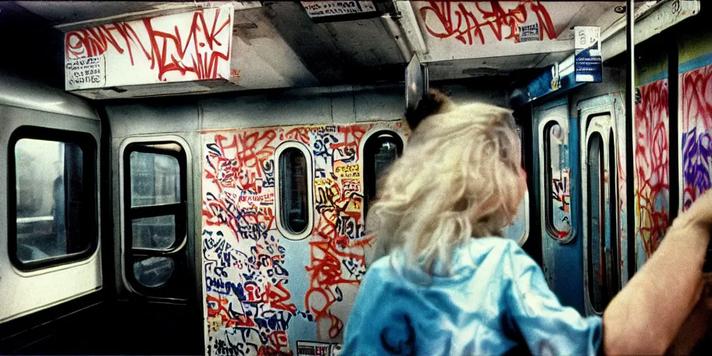 Image similar to new york subway cabin 1 9 8 0 s inside all in graffiti, woman closeup, coloured film photography, christopher morris photography, bruce davidson photography