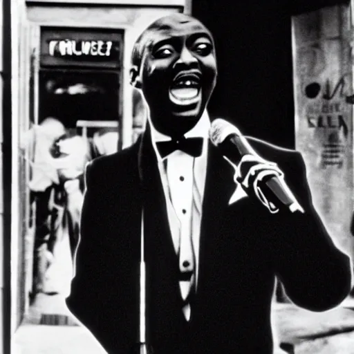 Prompt: a man in a tuxedo singing into a microphone, a colorized photo by Svend Rasmussen Svendsen, dribble, harlem renaissance, 1970s, 1990s, movie still