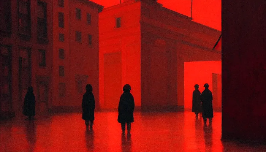 Image similar to only with red, soviet communism city cold atmosphere and with soviet flag, in the style of beksinski, by edward hopper and rodcenko and yue minjun and cory loftis, intricate and epic composition, red by caravaggio, highly detailed, masterpiece, red light, artstation, art nouveau