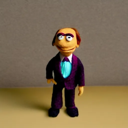 Image similar to saul goodman as a muppet. dark suit with pink dress shirt. highly detailed felt. hyper real photo. 4 k.