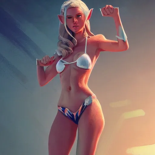 Image similar to full body portrait of an female elf wearing bikini nazi uniform, an ultrafine hyperdetailed illustration by tooth wu and wlop and beeple and greg rutkowski, trending on artstation, highly detailed, 4 k, 8 k
