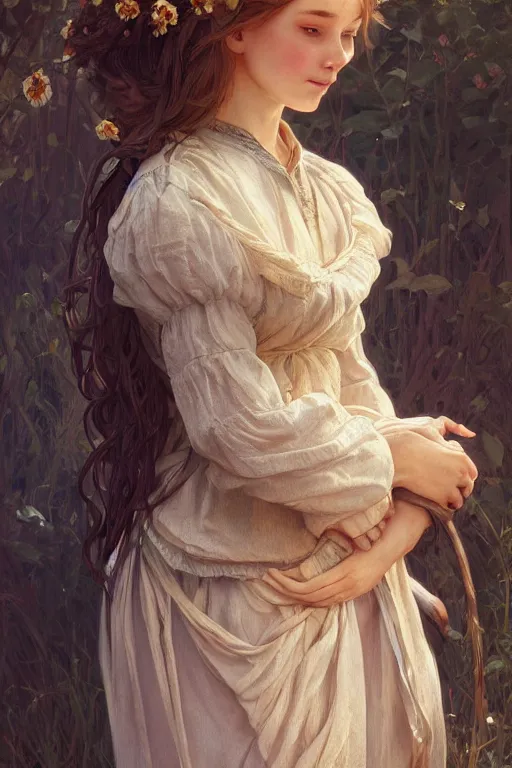 Image similar to beautiful cottagecore young peasant maiden, intricate, elegant, highly detailed, digital painting, artstation, concept art, smooth, sharp focus, illustration, art by artgerm and greg rutkowski and alphonse mucha