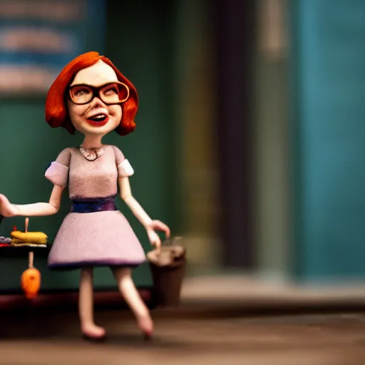 Prompt: a cinematic film still of a claymation stop motion film starring emma stone as shopkeeper, shallow depth of field, 8 0 mm, f 1. 8