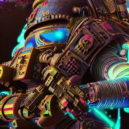 Prompt: Psychedelic hippy space marine, unreal engine, intricate details, hyperrealistic