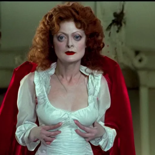 Prompt: High definition photo of young Susan Sarandon as a vampire queen wearing red silk