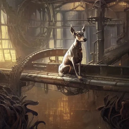 Image similar to an old dark brindle greyhound is sitting on a conveyor belt at the glue factory, d & d, fantasy, intricate, elegant, highly detailed, digital painting, artstation, concept art, matte, sharp focus, illustration, hearthstone, art by artgerm and greg rutkowski and alphonse mucha