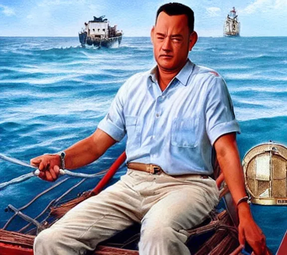 Image similar to Tom hanks as forrest gump sitting in a giant shrimp boat, majestic beautiful world, realism painting, amazing detail