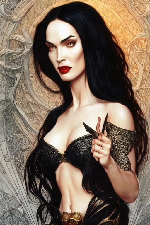 Prompt: ultra realistic illustration, megan fox as morticia addams from baldurs gate and diablo, intricate, elegant, highly detailed, digital painting, artstation, concept art, smooth, sharp focus, illustration, art by artgerm and greg rutkowski and alphonse mucha