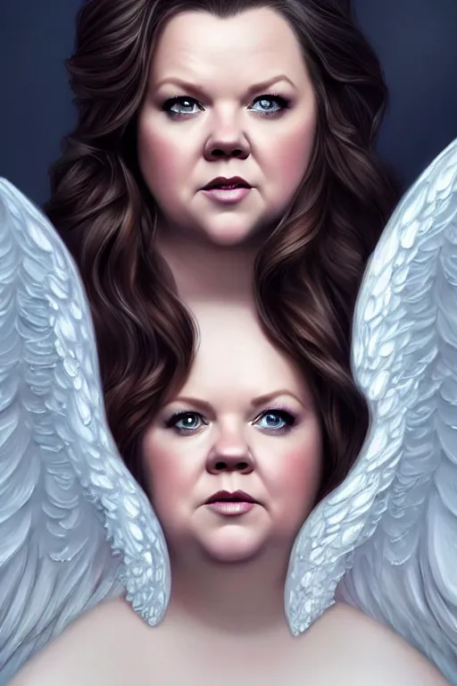 Image similar to Melissa McCarthy as an angel, fantasy, long hair, intricate, elegant, highly detailed, digital painting, artstation, concept art, smooth, sharp focus, illustration, art by artgerm and manara