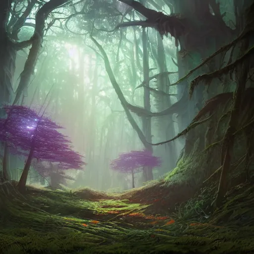 Image similar to concept art painting of a mystical alien fantasy forest, with fog and strange colorful plants, realistic, detailed, cel shaded, in the style of makoto shinkai and greg rutkowski and james gurney