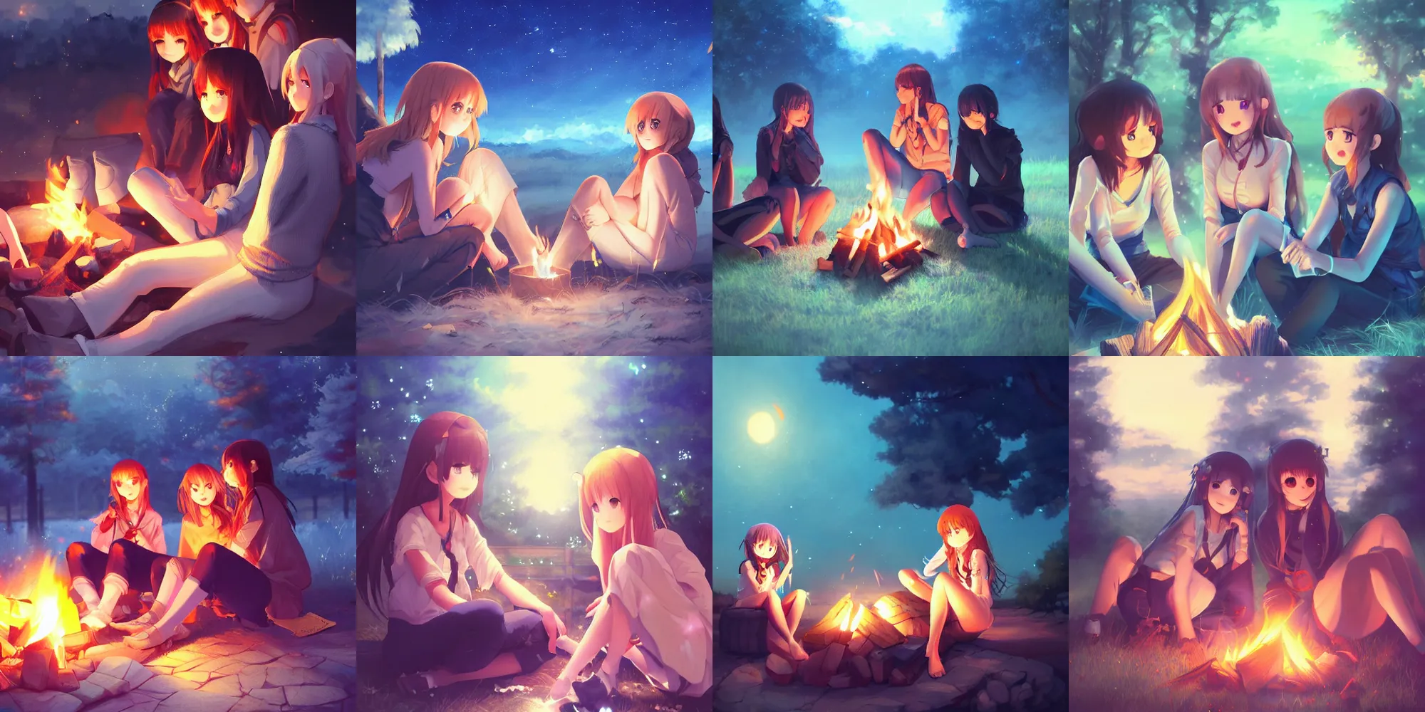 Prompt: very beautiful cute girls sitting around campfire at night, cinematic, fantastic detailed eyes, anime, trending on artstation, pixiv, makoto shinkai, manga cover