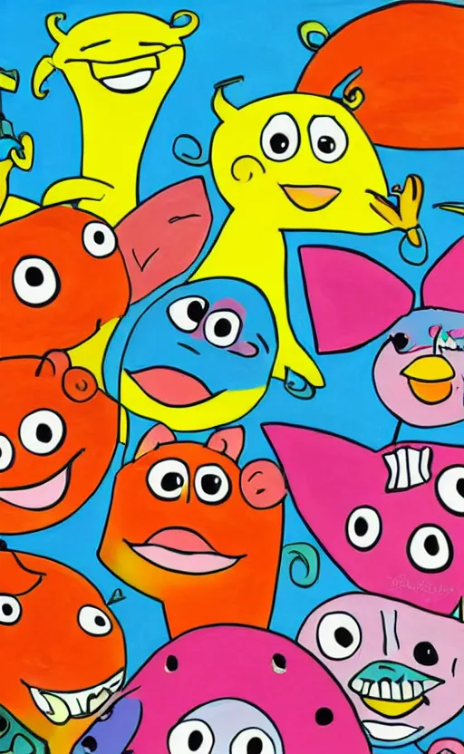 Image similar to a bright and colorful painting of a funny looking character. the character is making a silly face and the background is filled with happy looking animals.