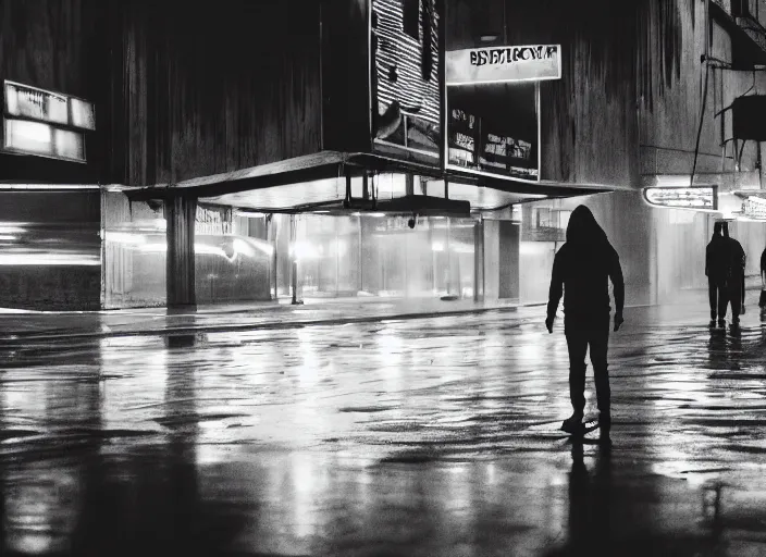 Image similar to a silhouetted person with long, flowing hair skateboards through an empty brutalist city in the rain, colored gel lighting, reflective surfaces, midnight, portra, film grain, high contrast, hyperdetailed, chromatic aberration, reminiscent of blade runner, dynamic pose