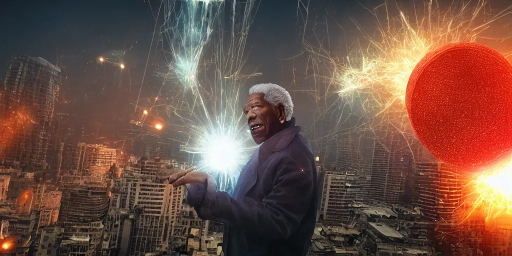 Prompt: gigantic morgan freeman destroying a city throwing lasers from his eyes, night, realism, 4 k, octane render, award winning photograph, realistic, cinematic shot