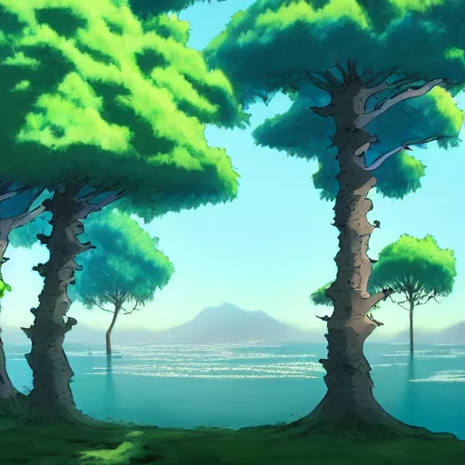 Prompt: artwork, anime landscape by studio ghibli of sakura trees with a light blue lake, super detailed 8 k hd, trending in artstation, full color, low contrast, intricate