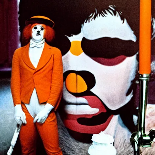 Image similar to Ronald McDonald as Alexander DeLarge, A Clockwork Orange, droog, eyelashes, milk plus, Korova Milkbar, 1971 film, Stanley Kubrick, hooligan