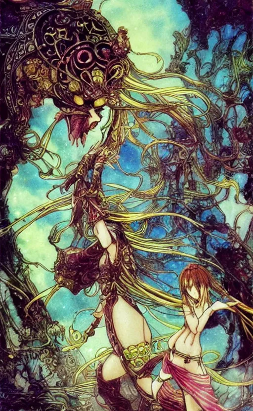 Image similar to lush, dreamlike animation still based on the art of yoshitaka amano ( final fantasy ) from 1 0 0 1 nights ( 1 9 9 8 ), dir. mike smith, hyperion studio