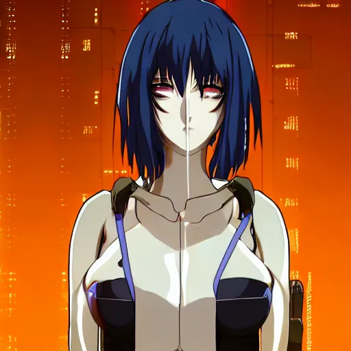 Image similar to female cyberpunk anime girl, symmetrical faces and eyes symmetrical body, middle shot waist up, Madhouse anime studios, Black Lagoon, Perfect Blue, Wit studio anime, studio lighting