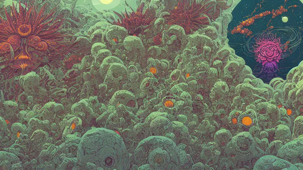 Image similar to highly detailed illustration of tlaloc growing flowers by kilian eng, by moebius!, by oliver vernon, by joseph moncada, by damon soule, by manabu ikeda, by kyle hotz, by dan mumford, by kilian eng