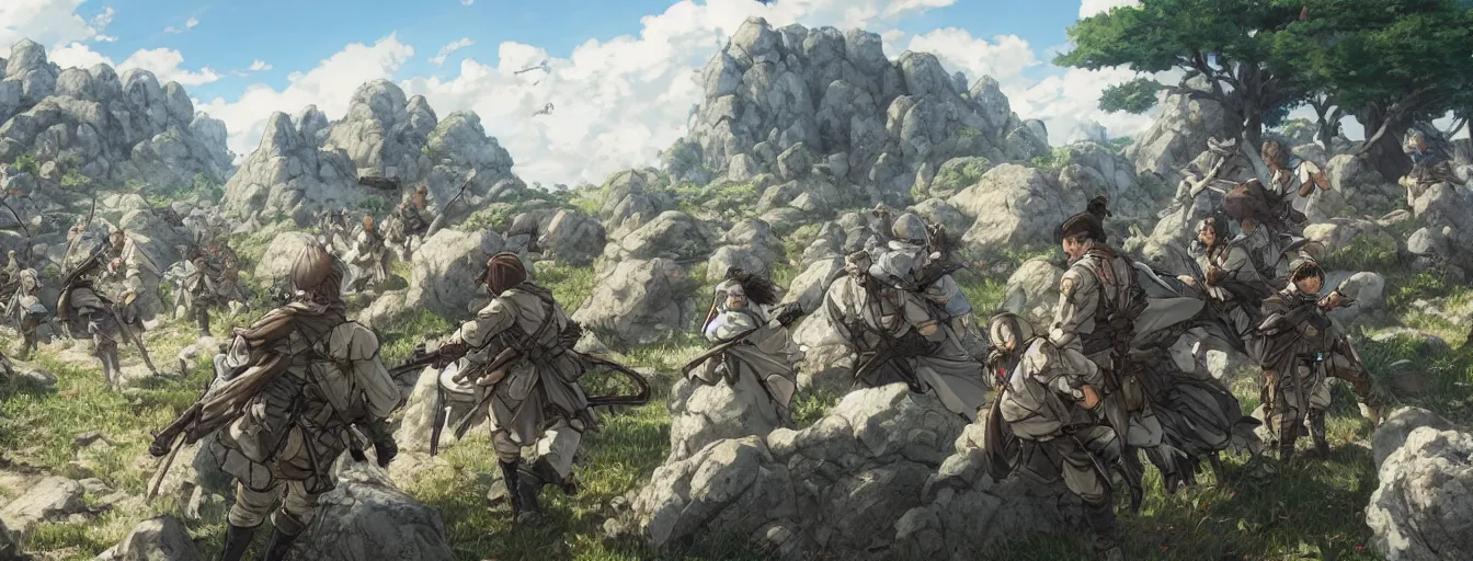 Prompt: calvary soldiers being bombarded by rocks and boulders on the battlefield. hyperrealistic anime background illustration by kim jung gi, extremely detailed faces, intricate linework, smooth, super sharp focus, bright colors, high contrast, matte, octopath traveler, studio ghibli, unreal engine 5 highly rendered, global illumination, radiant light