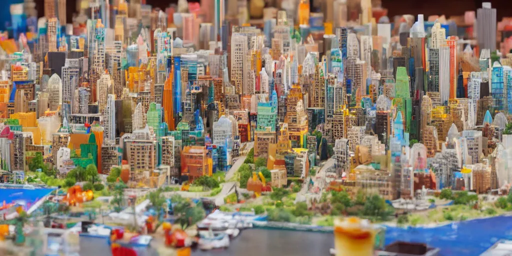 Prompt: a model of manhatten constructed out of fast food, diner food, pastries, coffee cups, plastic cups, straws, cardboard packaging, miniature photography, diorama, wide - angle macro lens, art, sharp focus, award - winning, beautiful high resolution