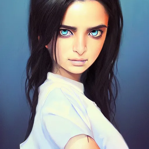 Image similar to greek ameera al taweel , blue eyes, black hair, beautiful face, white viel, Hyper-realistic, Highly Detailed, HD, by Brom, by beeple, studio ghibli, wallpaper, highly detailed, trending on artstation