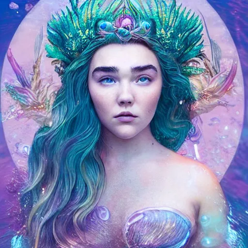 Prompt: “ florence pugh portrait, fantasy, mermaid, hyperrealistic, game character, underwater,, highly detailed, cinematic lighting, pearls, glowing hair, shells, gills, crown, water, highlights, starfish, goddess, jewelry, realistic, digital art, pastel, magic, fiction, ocean, queen, colorful hair, sparkly eyes, fish, heroic, waves, bubbles ”