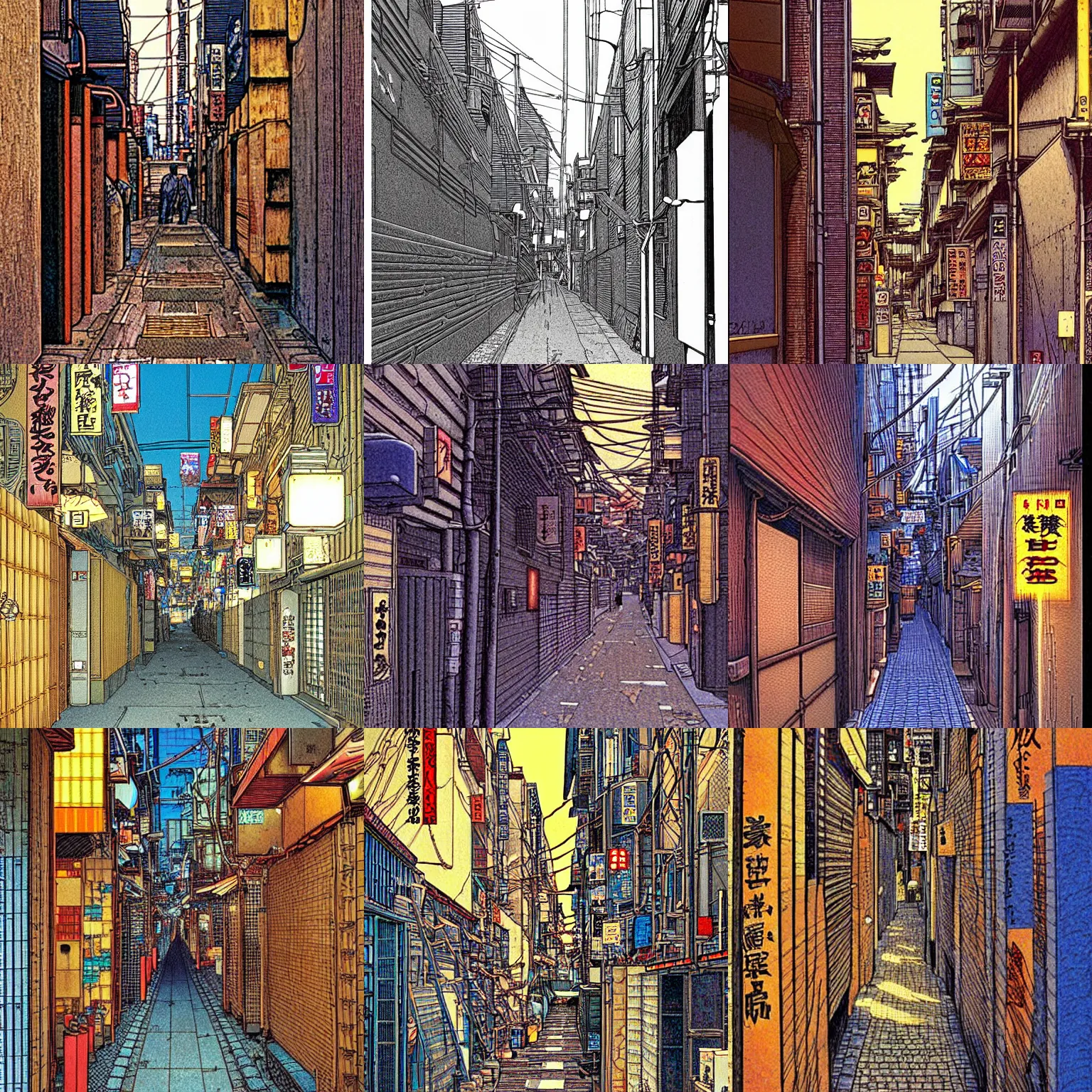Prompt: tokyo alleyway by jean giraud, beautiful