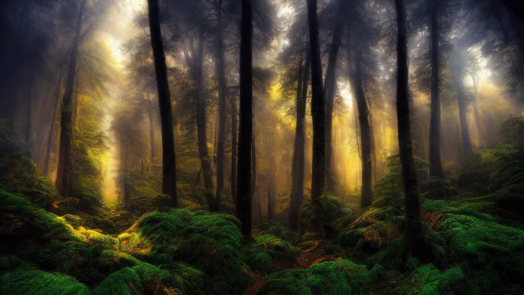 Image similar to amazing landscape photo of a forest by marc adamus, beautiful dramatic lighting