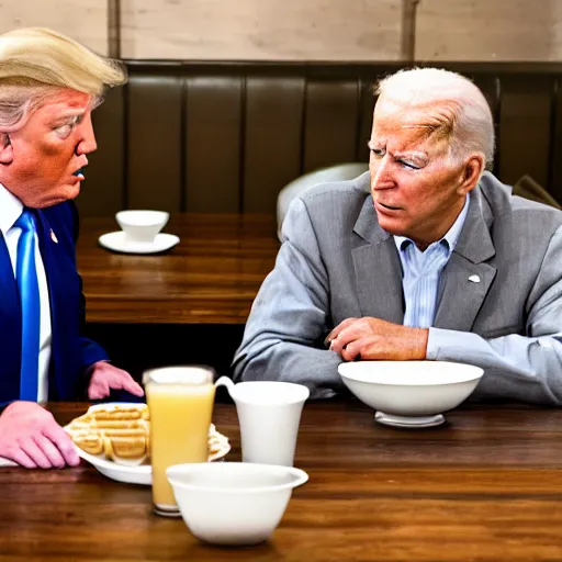 Image similar to photograph of trump and Biden sitting and eating breakfast at a Wafflehouse