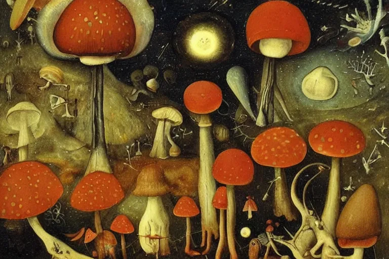 Image similar to how magic mushrooms can take us to the farthest reaches of inner space, painting by bosch