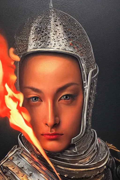 Image similar to hyperrealism oil painting, close-up portrait of medieval european fashion model, knight, steel gradient mixed with fire sky, in style of baroque mixed with 70s japan book art