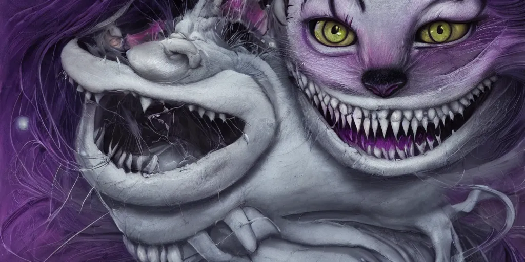 Image similar to dream portrait of Cheshire Cat from Alice in Wonderland,full character, melting ,8k,by tristan eaton,Stanley Artgermm,Tom Bagshaw,Greg Rutkowski,Carne Griffiths, Ayami Kojima, Beksinski, Giger,trending on DeviantArt,face enhance,hyper detailed,minimalist,horror, android, full of colour