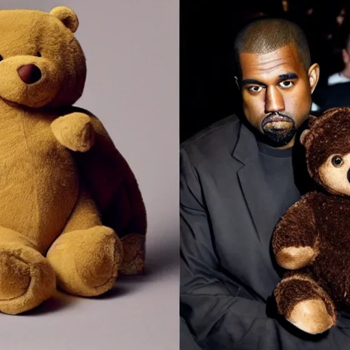 Image similar to A renaissance painting of Kanye West with a anthropomorphic Teddy Bear mascot, portrait, album cover,