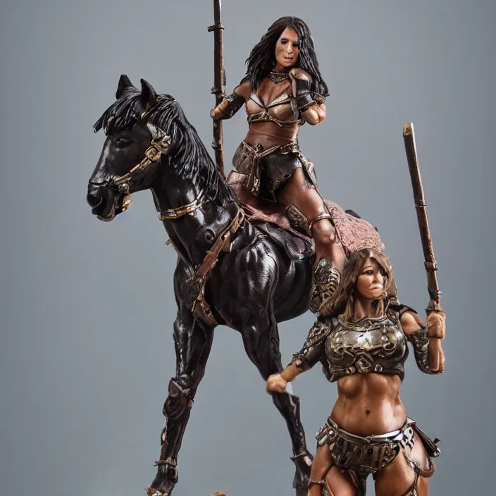 Image similar to 80mm resin detailed miniature of a Muscular Woman warrior standing next to a Horse, Product Introduction Photos, 4K, Full body, simple background