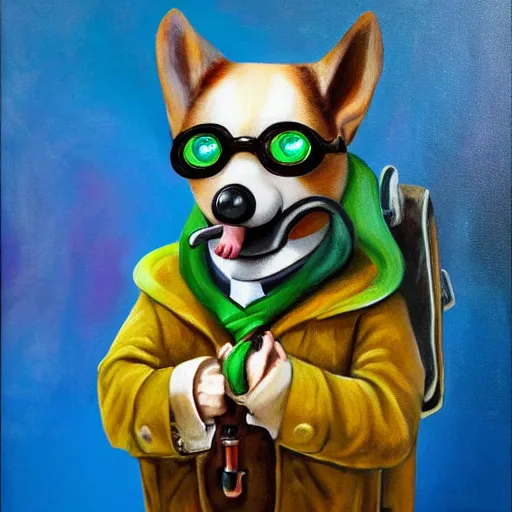 Prompt: Anthropomorphic Corgie with Pipe in his mouth. He has a green scarf around his neck, a monocle up to his eye, and a backpack full of wares, oil painting, D&D Art, Fantasy, Vibrant, painting by Tyler Jacobson