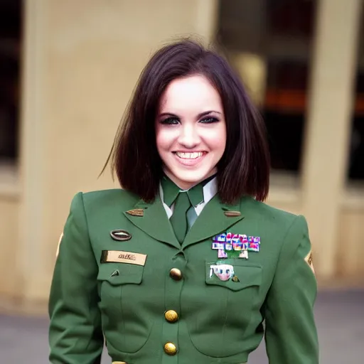 Image similar to brunette, short flip out hair, emerald eyes, evil smile, military uniform