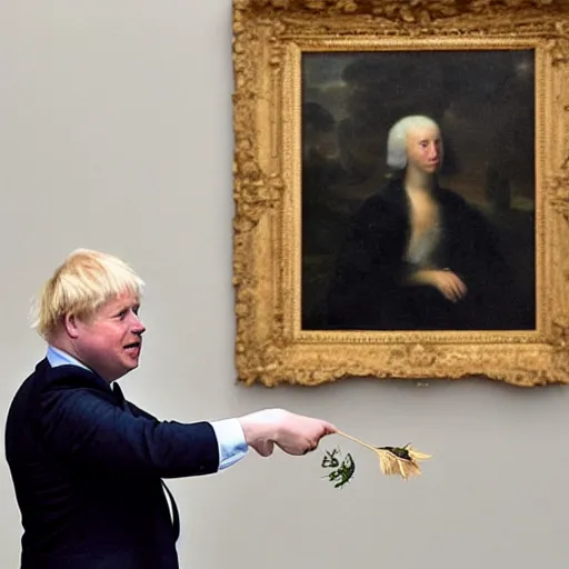 Image similar to Boris Johnson angrily throws tomatoes at paintings in the louvre