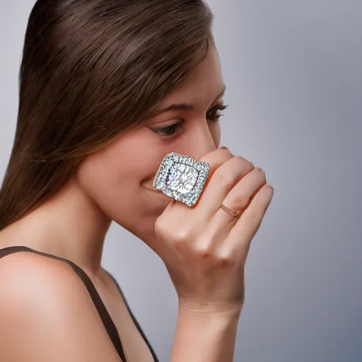 Prompt: wife wearing a ring with shimmering 7 6 0 carat square cut diamond