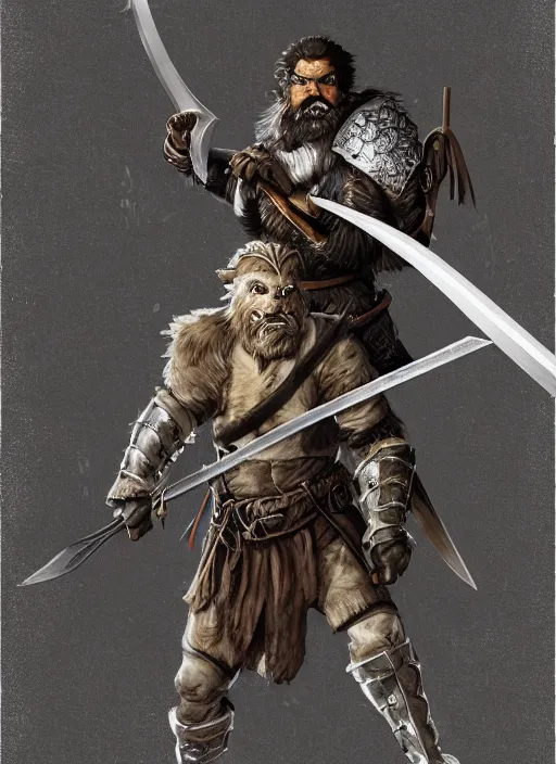 Image similar to strong young man, photorealistic bugbear ranger holding aflaming sword, black beard, dungeons and dragons, pathfinder, roleplaying game art, hunters gear, jeweled ornate leather and steel armour, concept art, character design on white background, by alan lee, norman rockwell, makoto shinkai, kim jung giu, poster art, game art