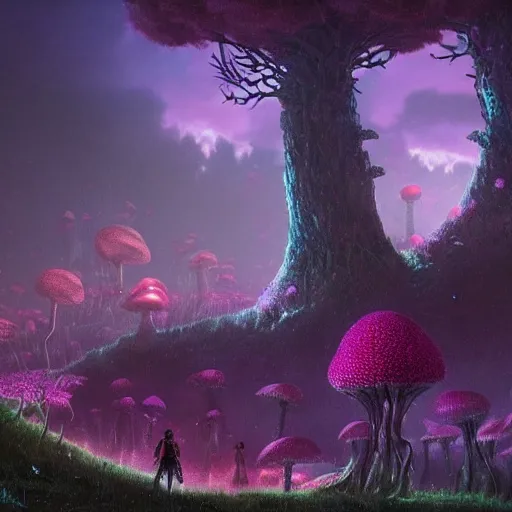 Image similar to concept art painting of a fantasy alien fungal landscape at night, magenta trees, glowing blue mushrooms, village of houses made of mushrooms, dark purple sky, realistic, detailed, cel shaded, in the style of makoto shinkai and greg rutkowski and albert bierstadt and james gurney