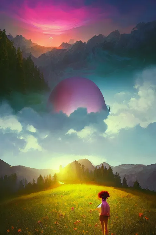 Image similar to giant daisy flower head, girl hiking in the mountains, surreal photography, sunrise, dramatic light, impressionist painting, colorful clouds, digital painting, artstation, simon stalenhag