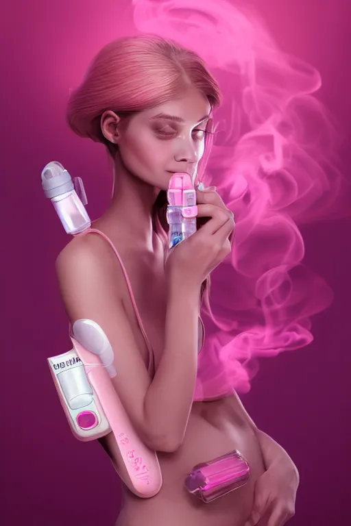 Image similar to Beautiful, Cute Woman Breathing Through a Handheld Pink Vapor Inhaler Machine, side view, fantasy, magic, ultra detailed, digital art, trending on artstation, illustration