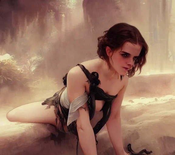 Prompt: photography of a sensual emma watson with bondage, deep focus, intricate, elegant, highly detailed, digital painting, artstation, concept art, matte, sharp focus, illustration, art by artgerm and greg rutkowski and alphonse mucha and gil elvgren