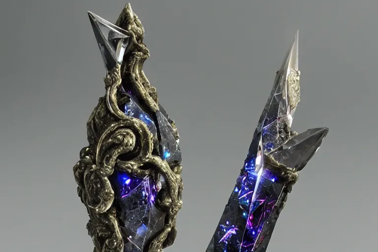 Prompt: A crystal dagger shimmers with an unnatural light, it had been enchanted by a skilled sorcerer, D&D fantasy setting, 4k